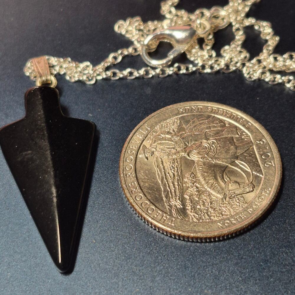 Black Onyx Gemstone Arrowhead Pendant Necklace, 3/4" 925P 18" Cable Chain